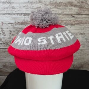 Red and Gray Ohio State Knit Pom-Pom Newsboy Hat Unisex Adult Vintage